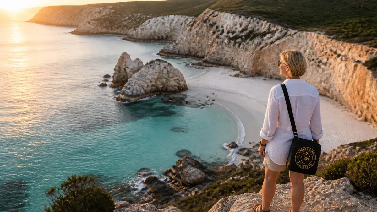 Mature traveller standing on a clifftop overlooking turquoise ocean waters and white sand beach, with limestone formations visible below, golden hour lighting