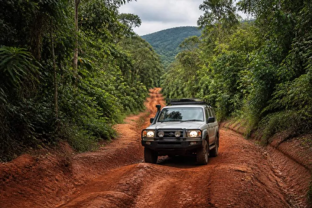 Infographic map of a Cape York 7-day itinerary showing a 4WD navigating the rugged, red dirt Bloomfield Track.