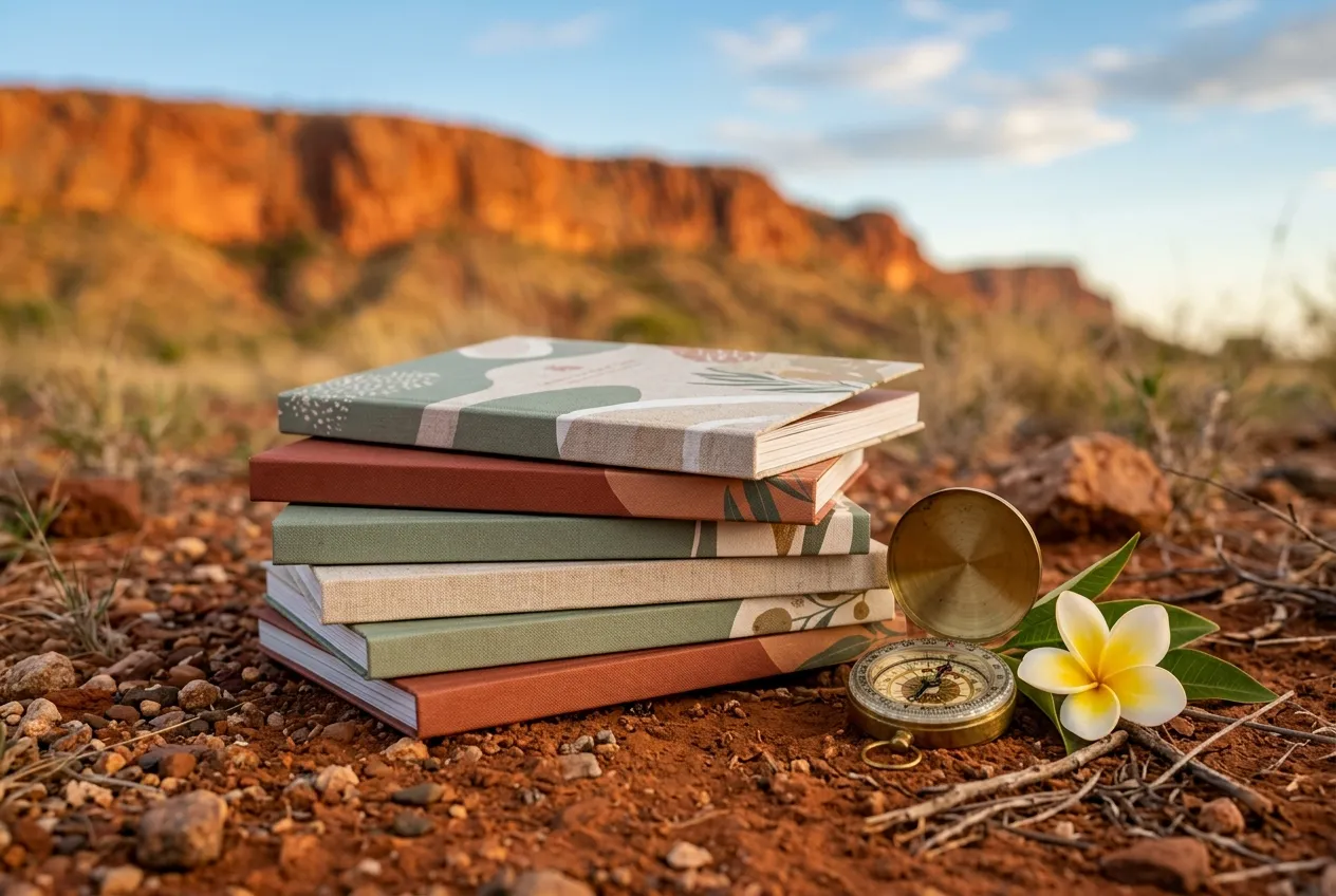 A stack of Compass destination guides on red outback dirt