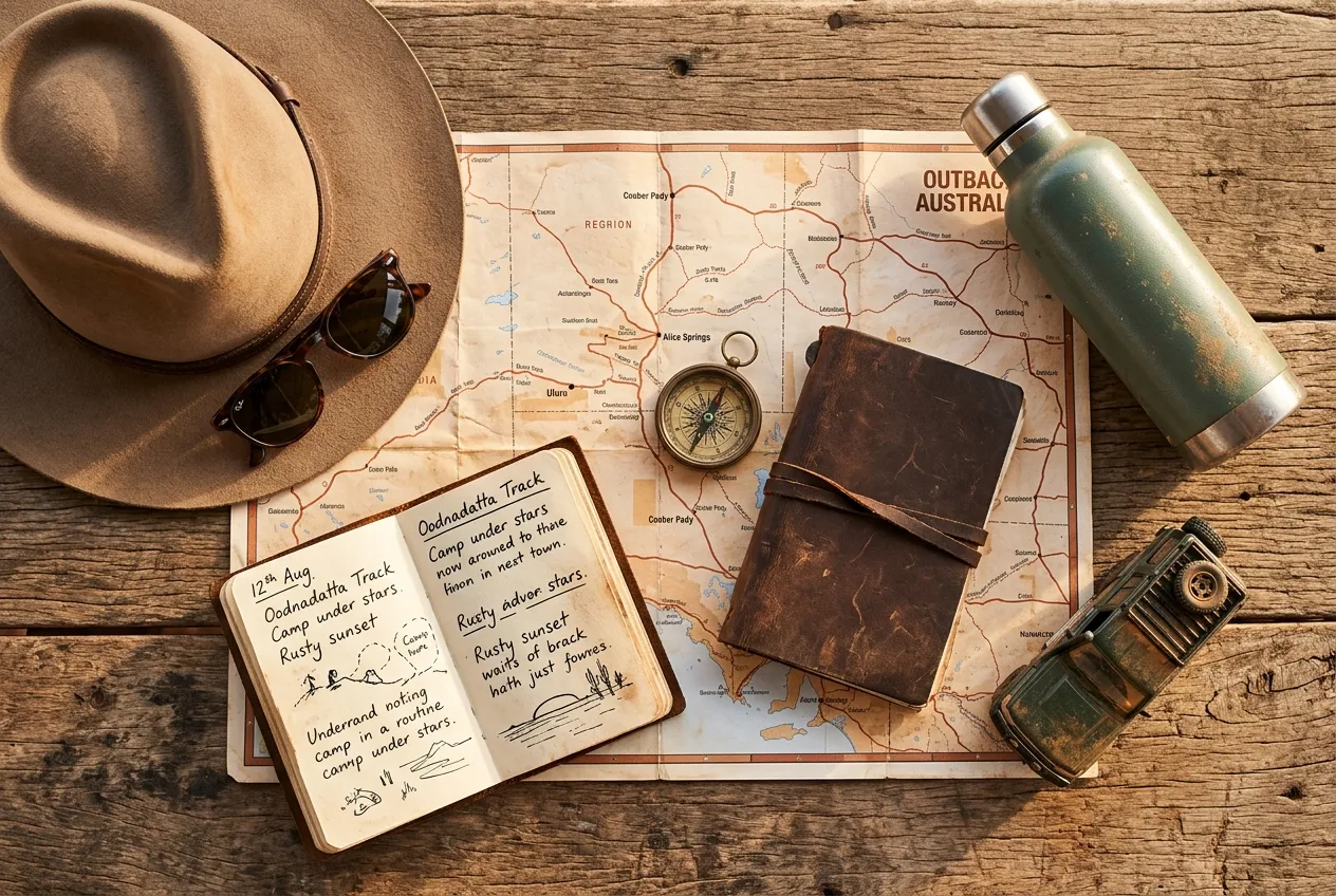 Trip planning flat lay with an outback map, compass and travel journal